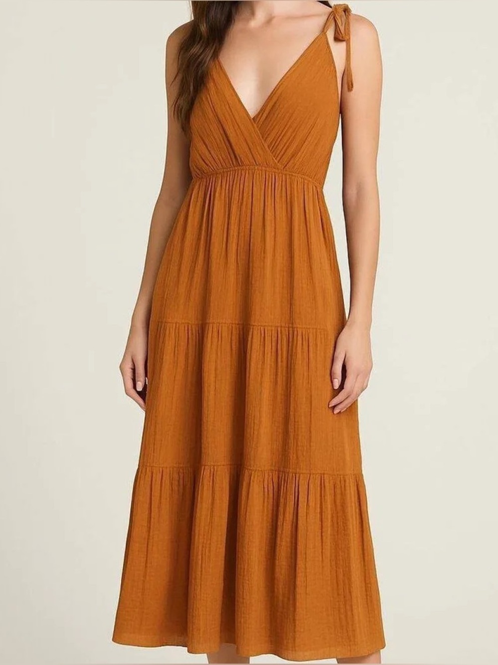 Lush Camel Textured Tie-Shoulder Maxi Dress